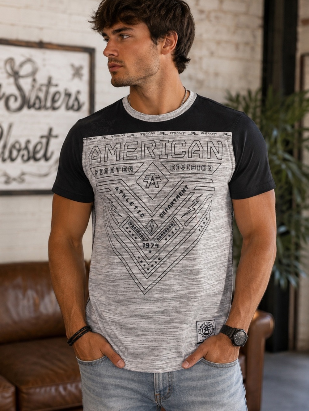 American Fighter Black & Gray Graphic Short Sleeve Tee